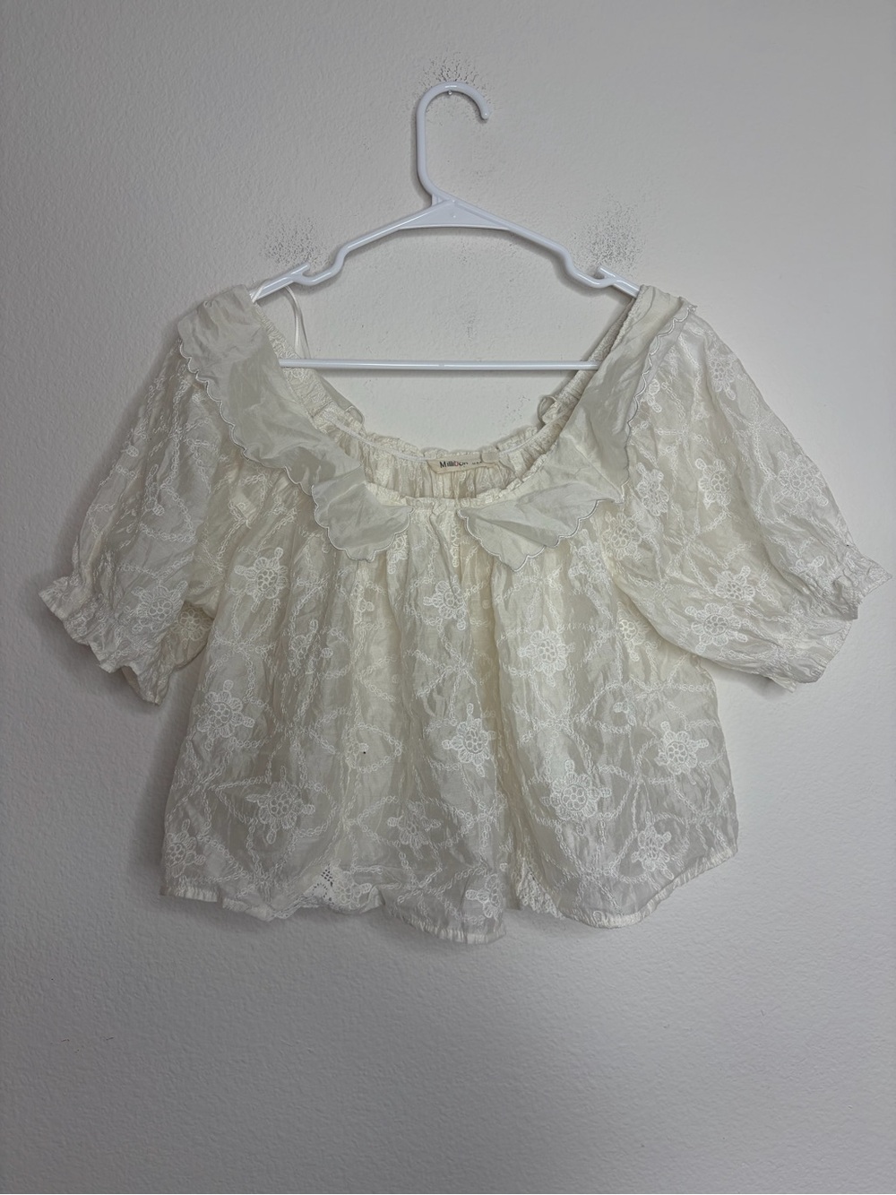 Millibon White Tencell Lace Ruffle Collar Dainty Puff Sleeve Blouse, Size S